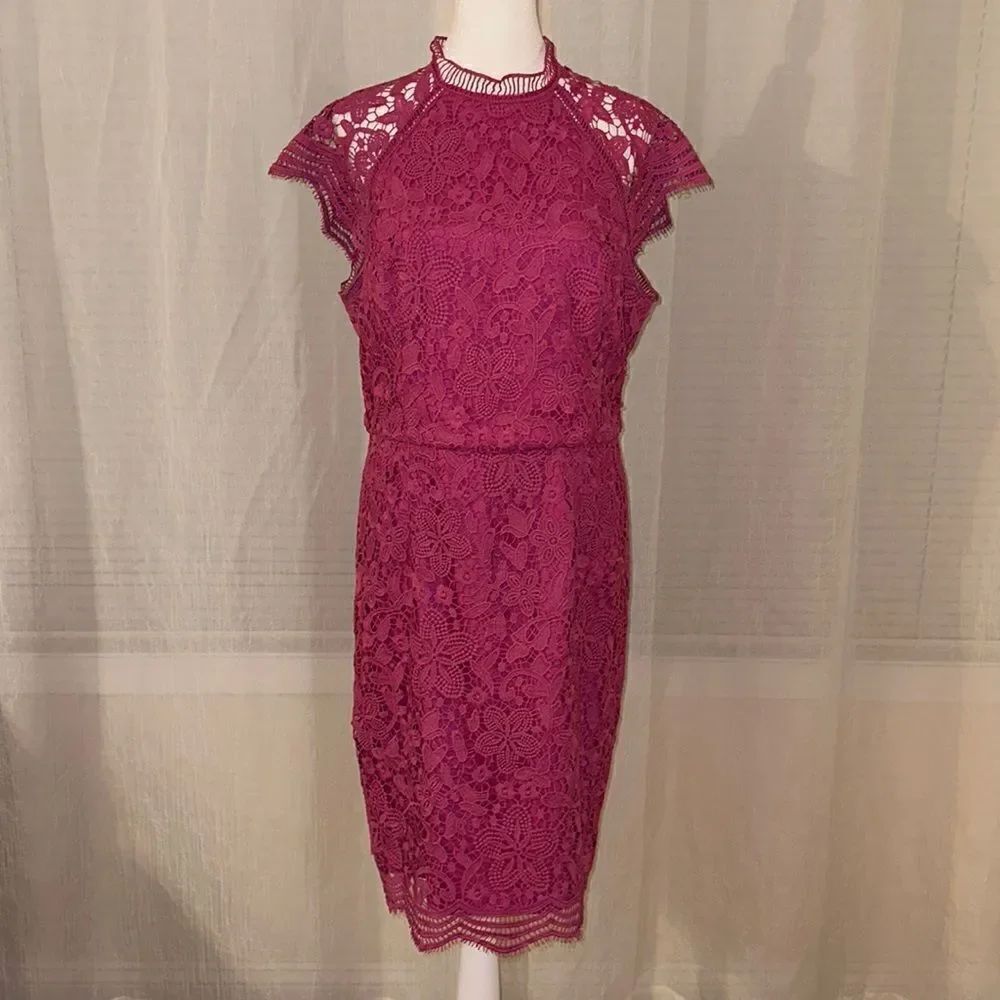 ModCloth 12 Pauline Pink Floral Lace Mock Neck Cap Sleeve Back Zip Shift Dress